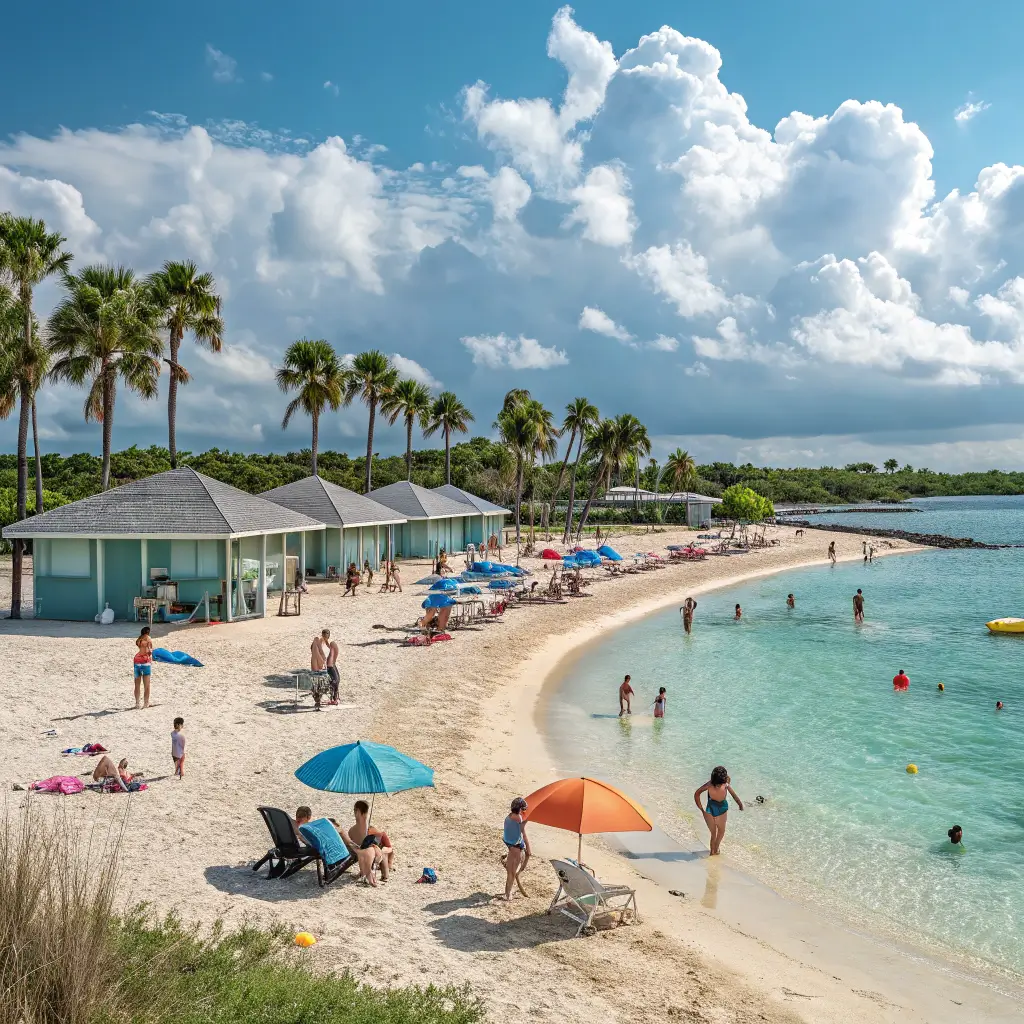 Families enjoying Beachwood Beach with facilities and clear waters.