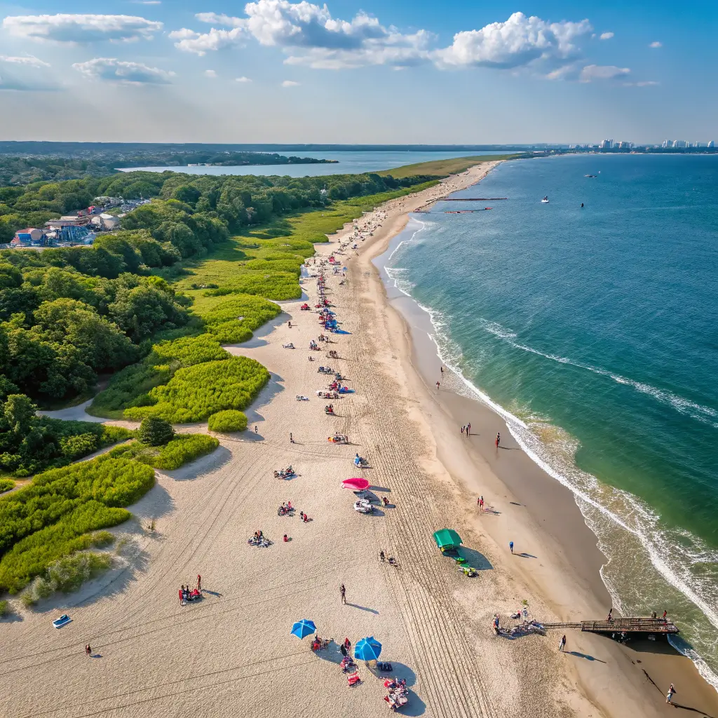 Aerial view of Beachwood, NJ beaches with families enjoying the sun and sand.