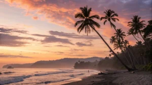A beautiful sunset over a Costa Rican beach, representing the tranquility and beauty of the best places to stay in Costa Rica.