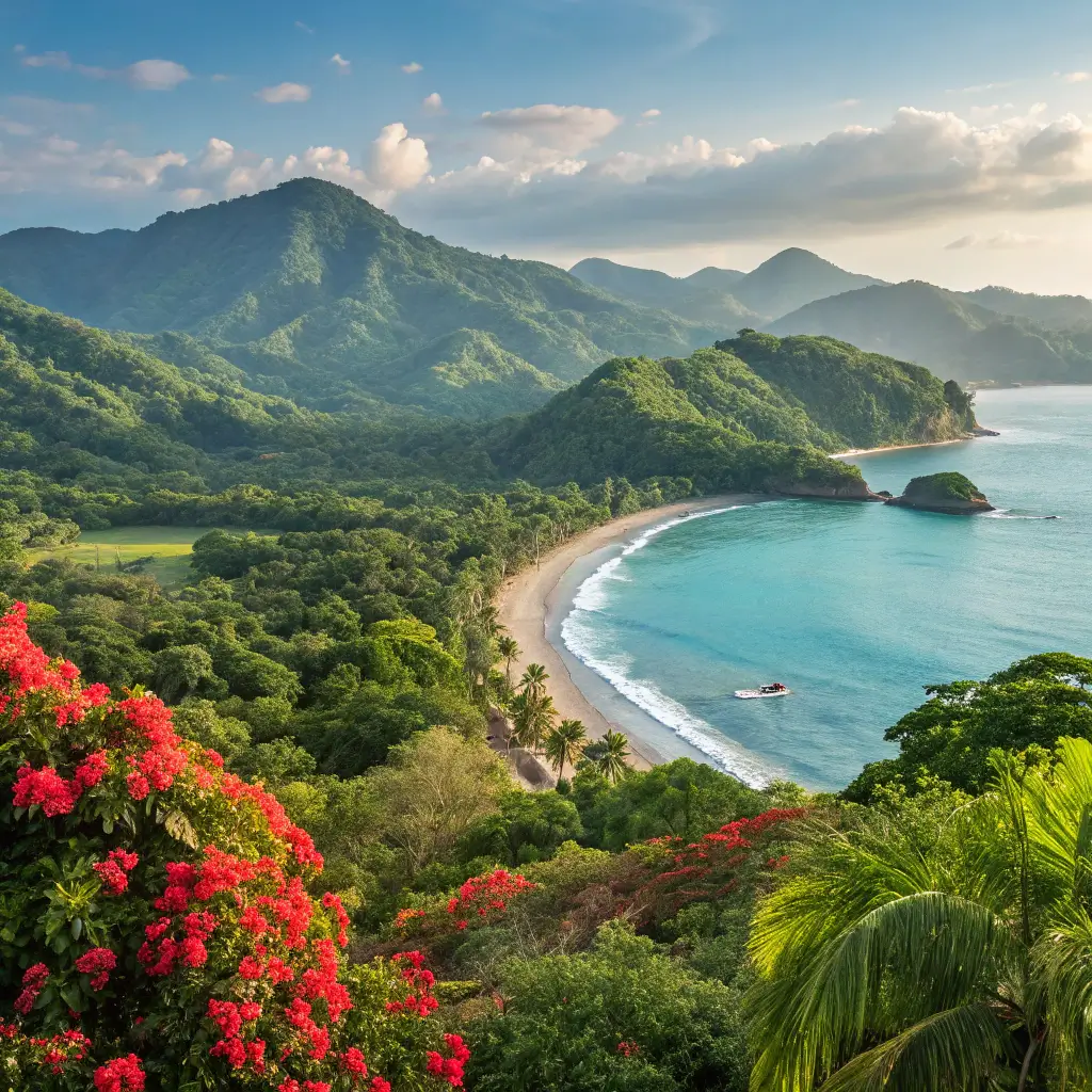 A breathtaking view of Costa Rica's diverse landscapes, including mountains, beaches, and tropical vegetation, representing the best places to stay in Costa Rica.