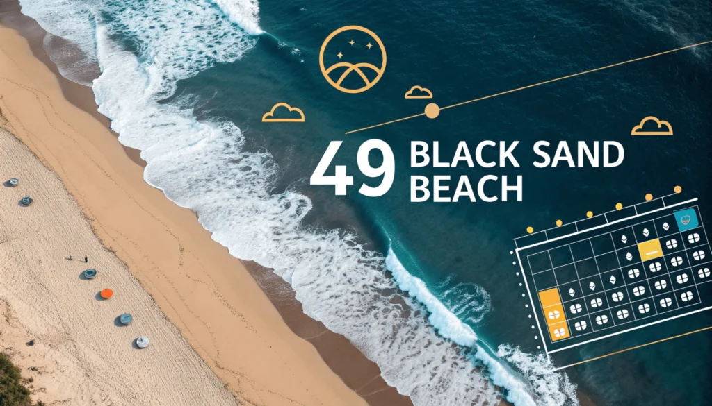 Infographic showing best times to visit 49 Black Sand Beach throughout the year and day, with calendar highlighting optimal seasons and hourly timeline for activities and pass acquisition.
