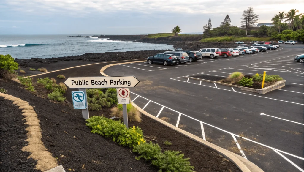 Small public parking lot with 12 marked spaces for 49 Black Sand Beach visitors