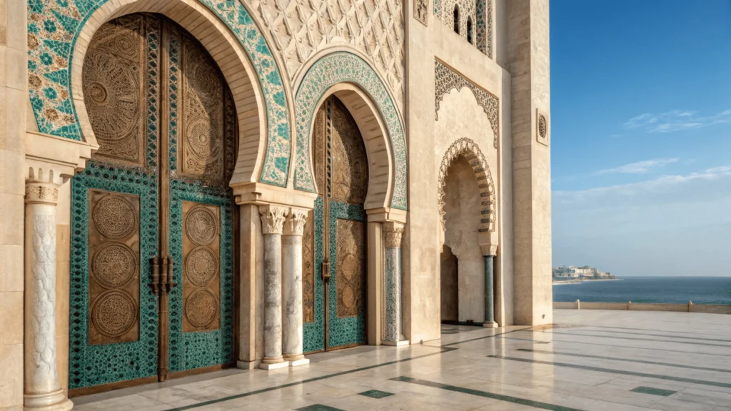 Detailed architectural elements of Hassan II Mosque showing intricate tilework, carved cedar doors, marble columns, and ocean backdrop