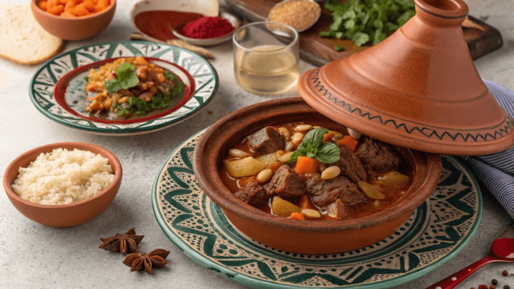 Overhead view of traditional Moroccan feast with tagine, couscous, pastilla, bread, salads, and mint tea served on decorative ceramic plates