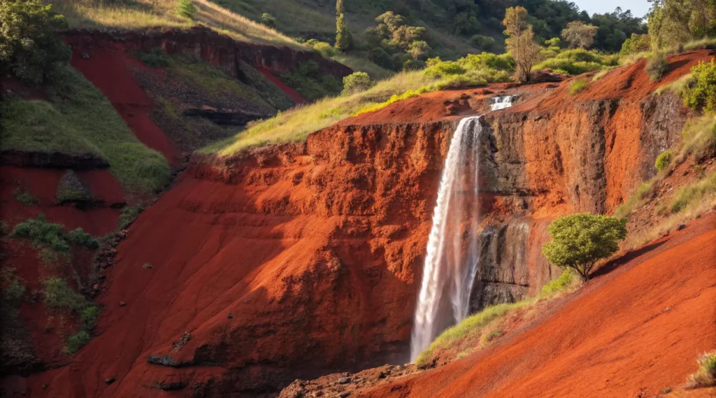  Close-up of the vibrant rust-red Red Dirt Waterfall in Kauai flowing down a striated cliff face with patches of green vegetation.