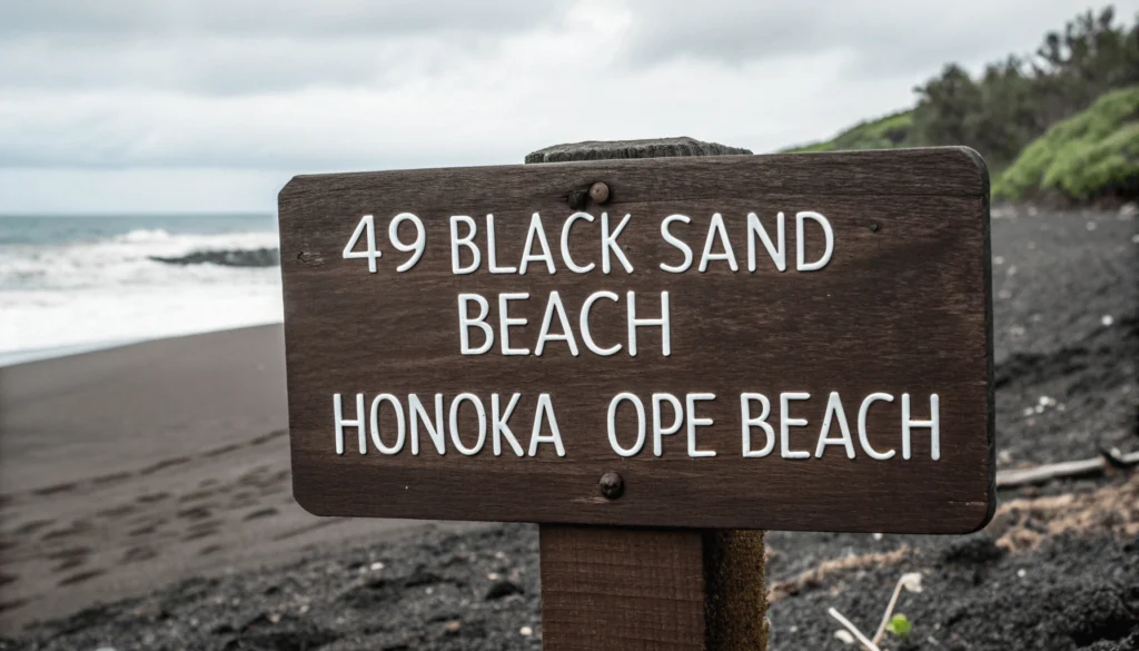 Wooden sign displaying both "49 Black Sand Beach" and "Honokaʻope Beach" names against a background of black volcanic sand and ocean views.

