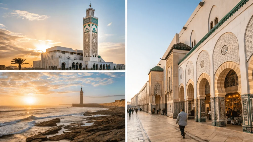 Five-image collage showing Casablanca's top attractions: Hassan II Mosque interior, Old Medina alleyways, Art Deco architecture, Corniche oceanfront, and Central Market food displays