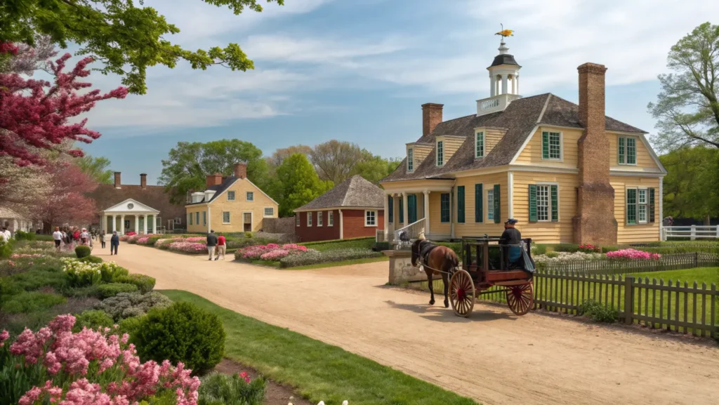 Colonial Williamsburg with blooming gardens and outdoor historical demonstrations in May