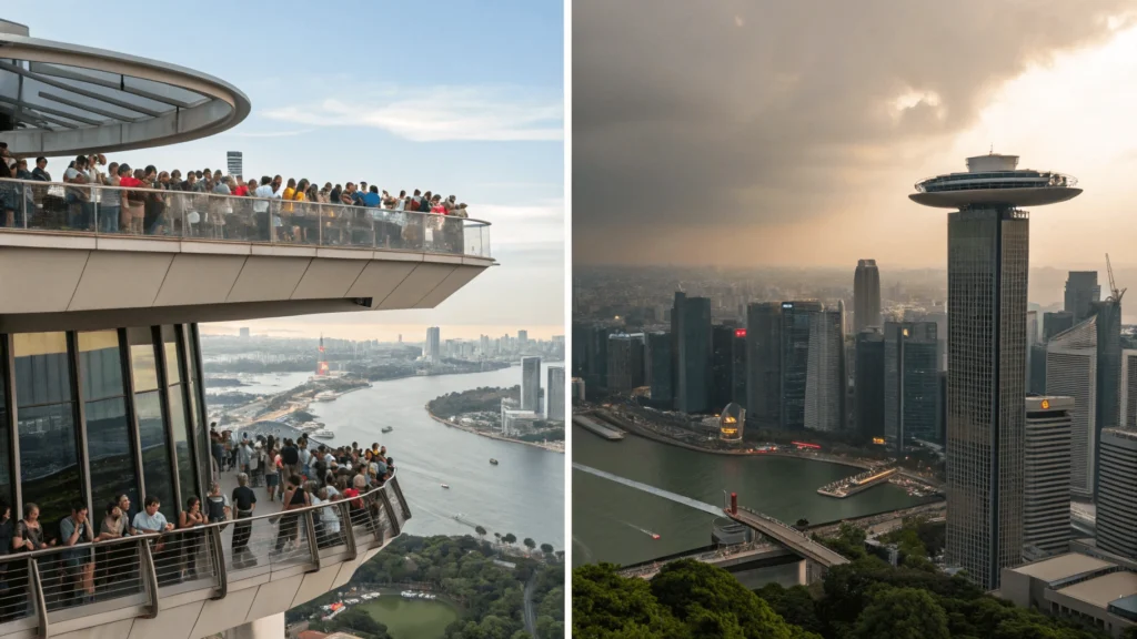 Contrasting images of Marina Bay Sands observation deck during peak season crowds versus quiet shoulder season.