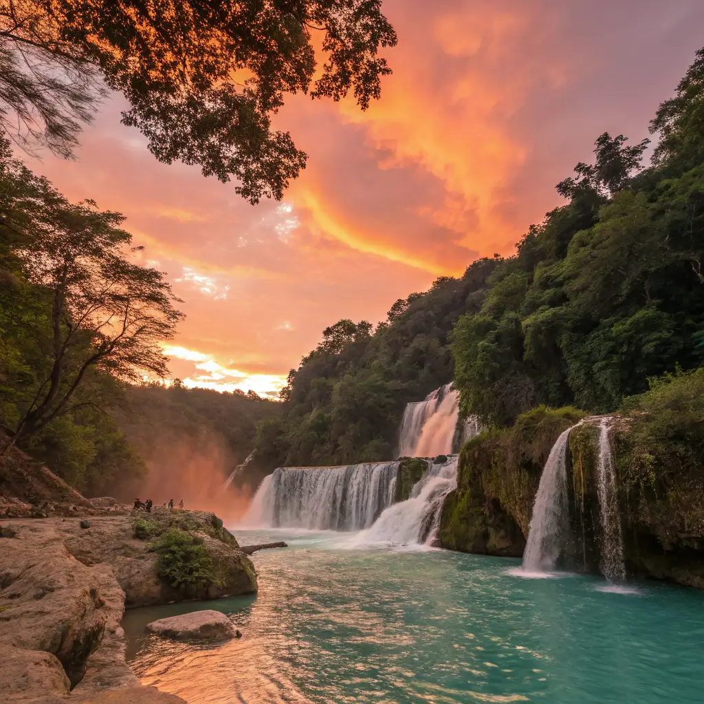 A stunning sunset view over the Damajagua Waterfalls with cascading water reflecting the sky.