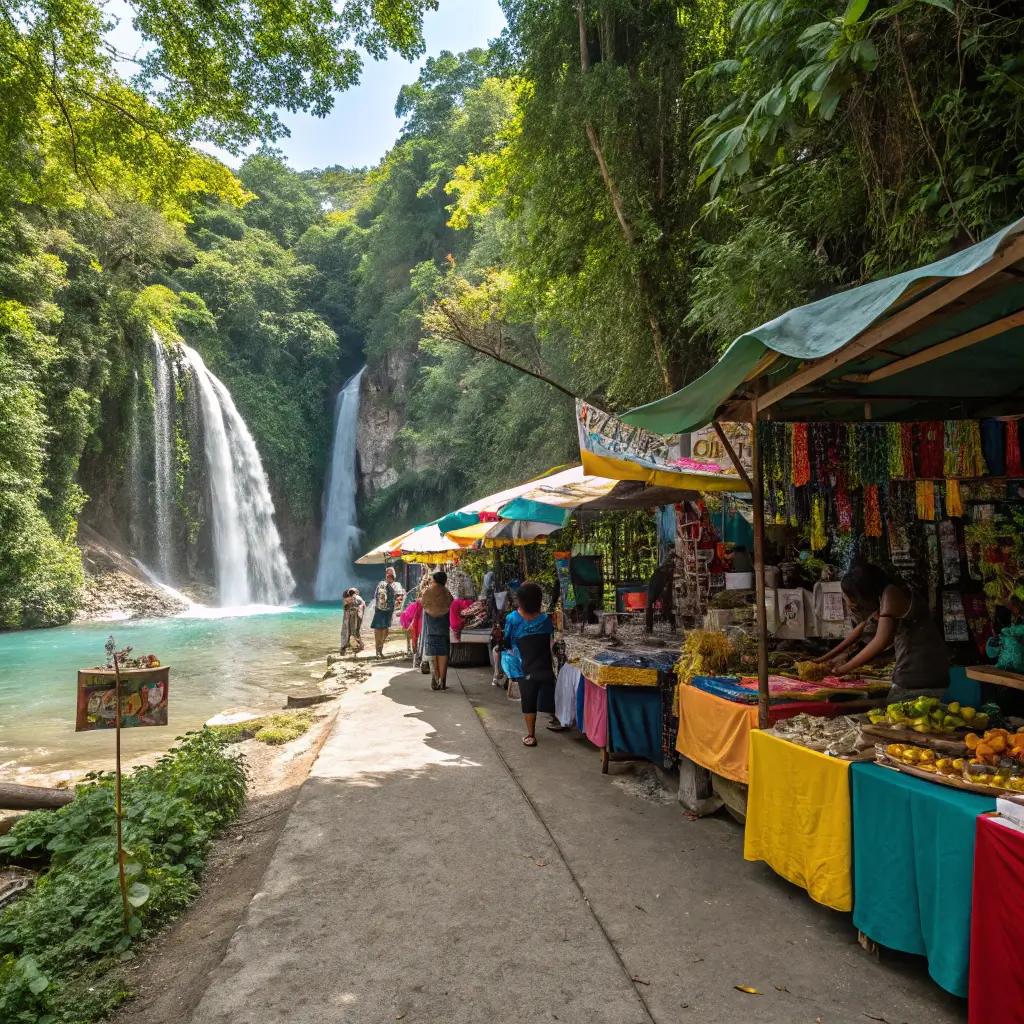 A vibrant market scene near the Damajagua Waterfalls with local vendors selling traditional dishes.