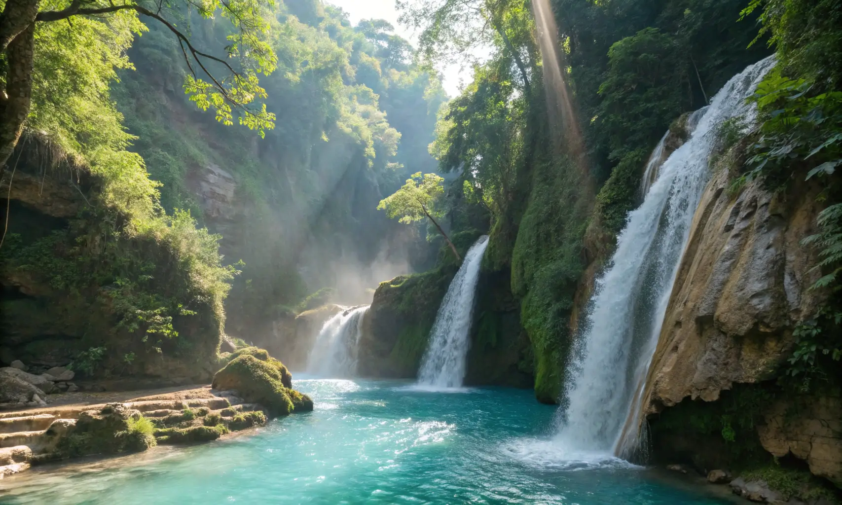 A stunning view of the Damajagua Waterfalls with multiple cascades surrounded by lush greenery and clear blue water.
