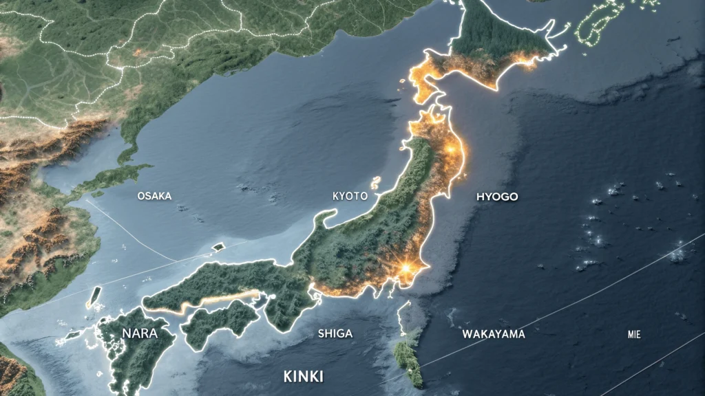 3D topographical map showing all seven prefectures of the Kinki region with color-coding, major cities, mountain ranges, and transportation routes