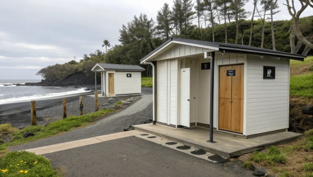 Basic restroom facilities and outdoor shower at 49 Black Sand Beach