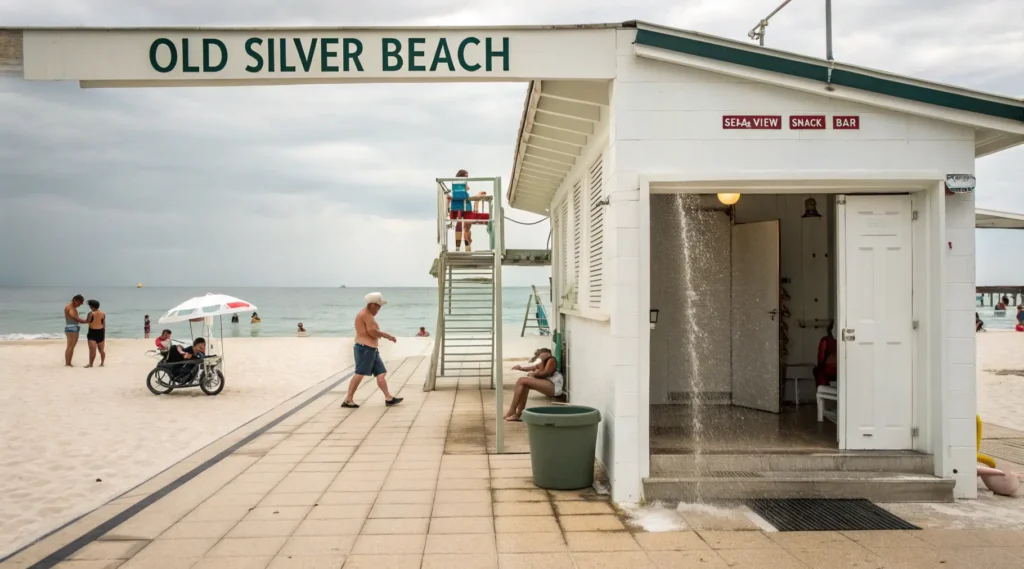 Series of images showing Old Silver Beach facilities including bathhouse, showers, lifeguard station, snack bar, and accessibility features