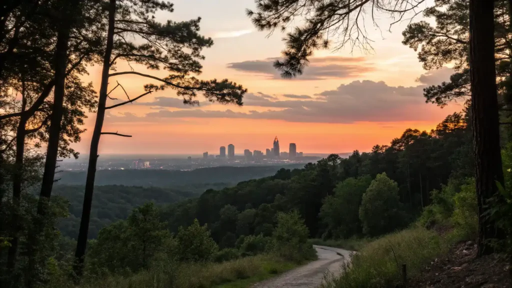 A peaceful sunset view of Atlanta from a hiking trail, with trees silhouetted in the foreground.