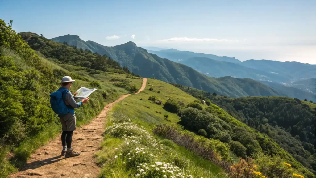 A hiker on a mountain trail in Portugal, looking at a map with lush greenery and mountains in the background.