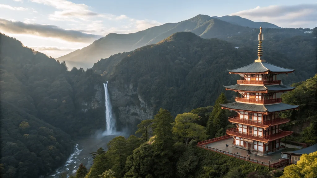 Aerial view of Nachi Falls cascading down forested mountainside with three-story pagoda of Seiganto-ji Temple in foreground and Pacific Ocean visible in distance