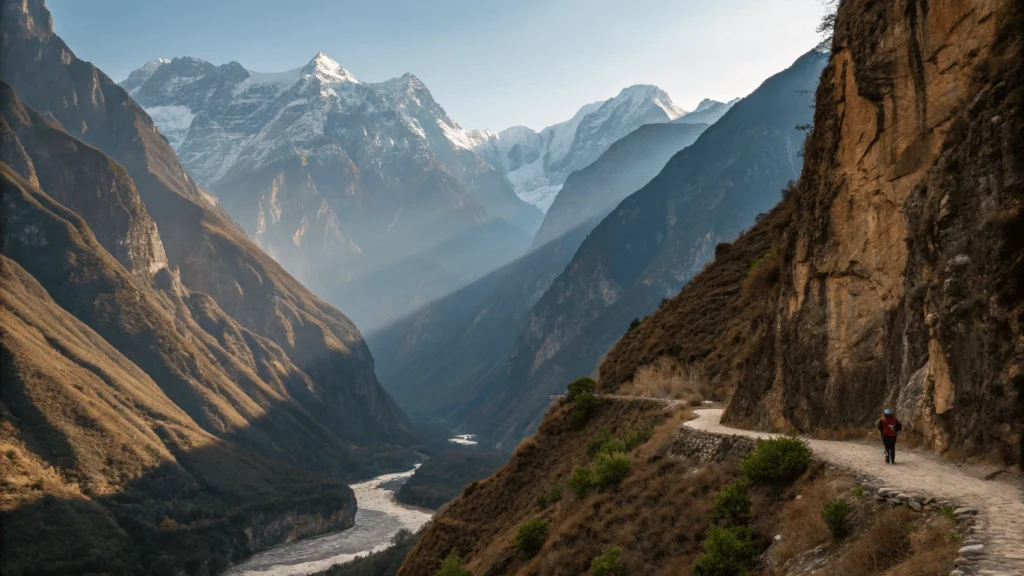 Dramatic view from Tiger Leaping Gorge high trail showing the raging Jinsha River 2,000 meters below between massive canyon walls, with a lone hiker providing scale and snow-capped Jade Dragon Snow Mountain visible in the distance.
