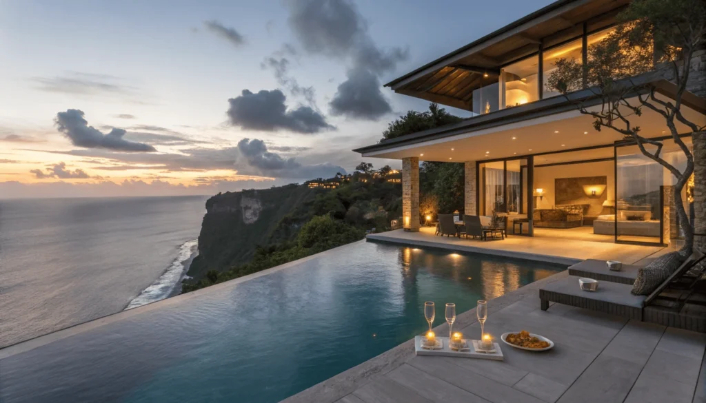 Twilight view of ultra-luxury clifftop villa in Uluwatu with infinity pool blending into ocean horizon, modern Balinese architecture, and romantic pool setup with floating candles.