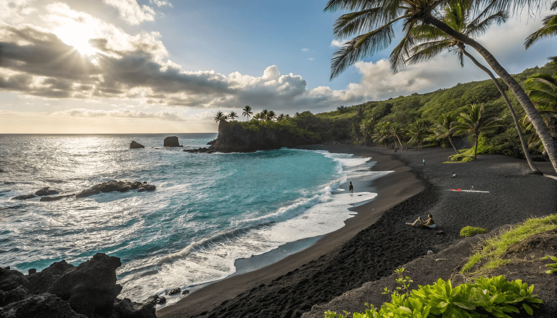 Black sand beach with turquoise water at Honokaʻope Beach (49 Black Sand Beach) on Hawaii's Big Island during early morning golden hour. Palm trees and lava rock formations frame the secluded cove.