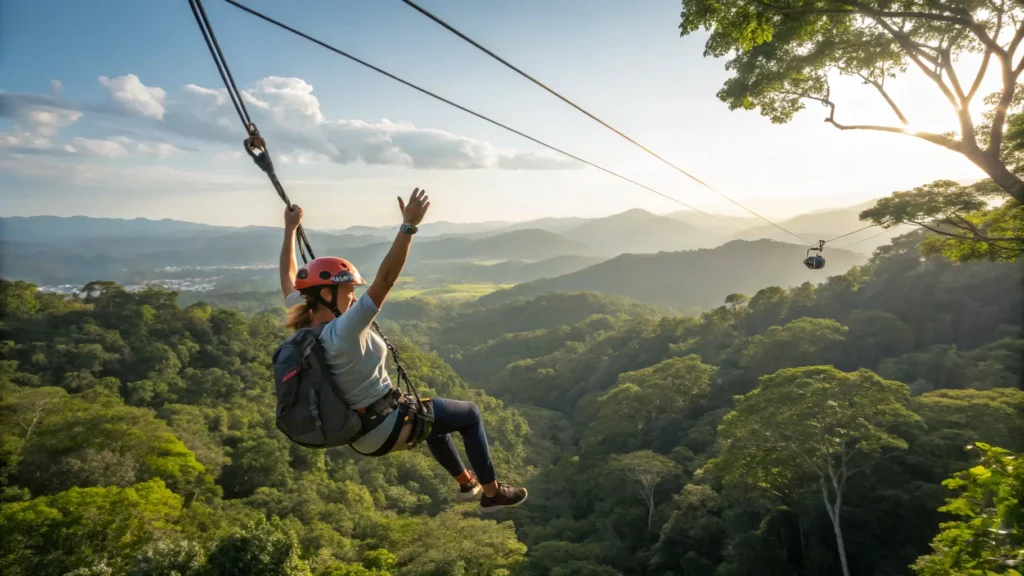 Person ziplining through Costa Rica's rainforest canopy with expansive views of lush forests and mountains
