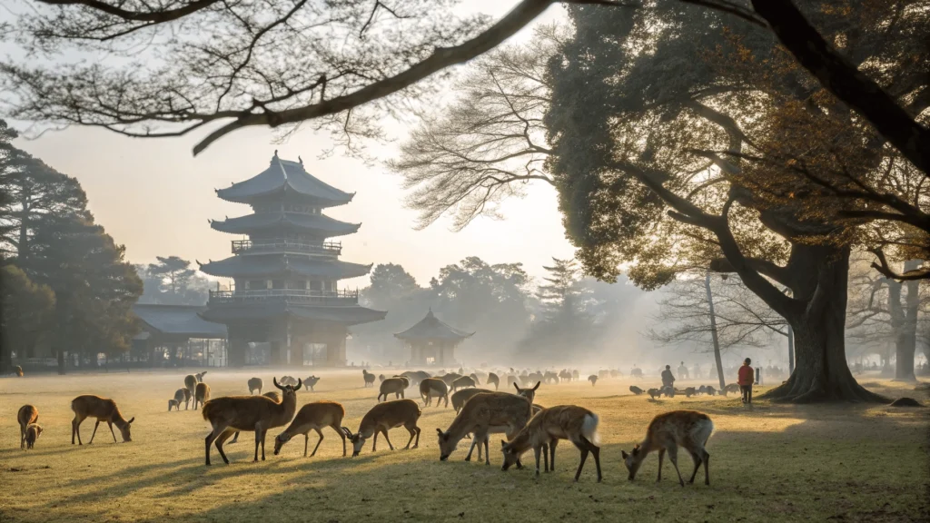 Early morning in Nara Park with sacred deer gathering around visitor offering deer crackers, Todai-ji temple gate visible in background, and morning mist rising from grass