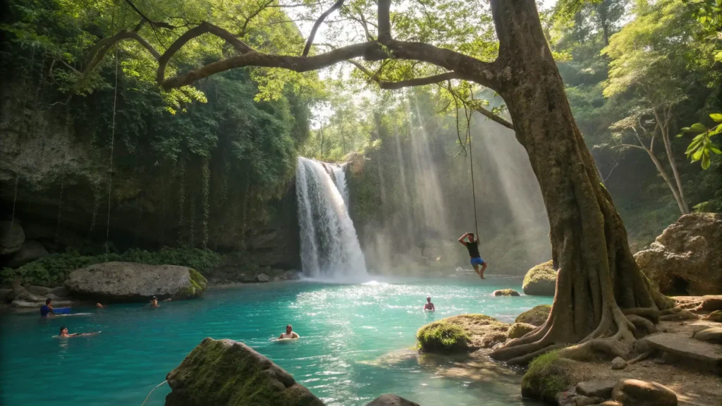 Person swinging from rope over blue natural swimming hole surrounded by tropical forest