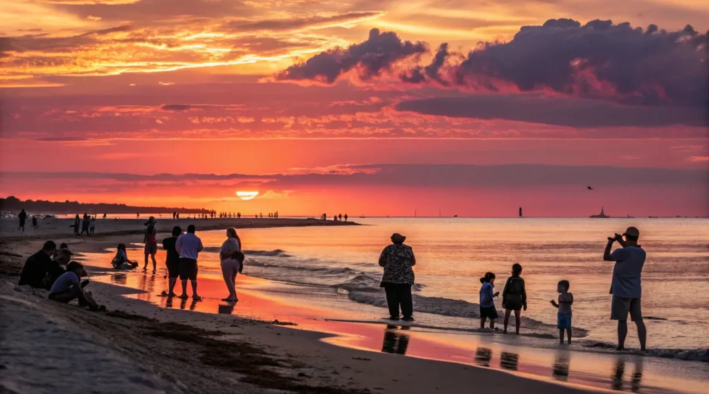 Silhouettes of diverse beachgoers enjoying a spectacular sunset at Old Silver Beach with brilliant colors reflecting on Buzzards Bay"
