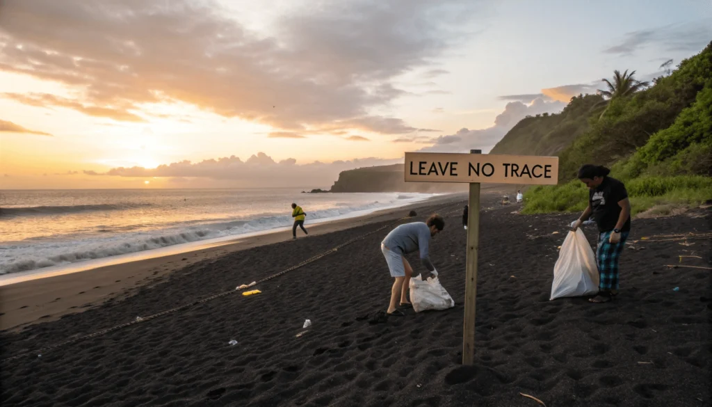 Pristine condition of 49 Black Sand Beach at sunset with subtle conservation message, showing clean black sand beach with no trash and a small educational sign about environmental protection.
