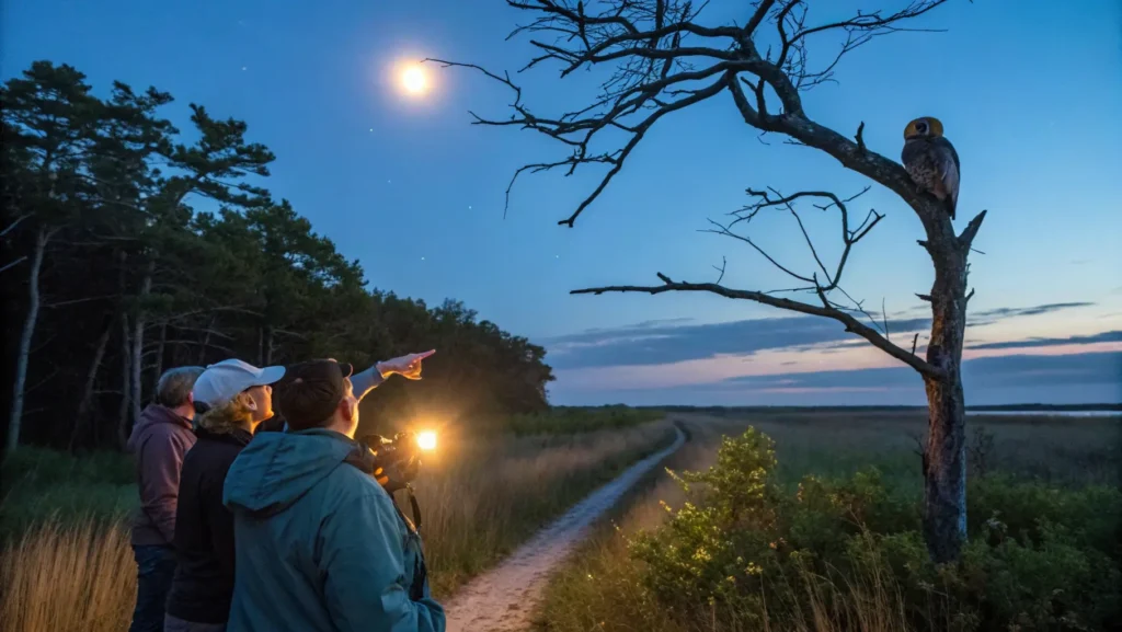Guided night walk at Bay Beach Wildlife Sanctuary with naturalist pointing out an owl to participants.