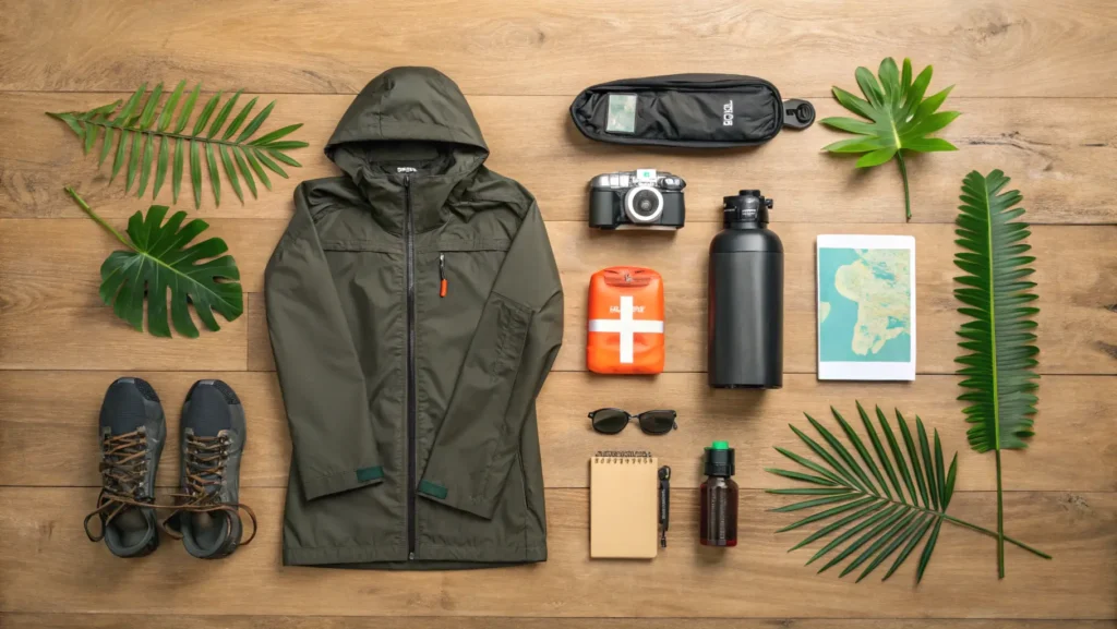 Essential items for visiting Wailua Falls including rain jacket, sunscreen, water bottle, and camera equipment