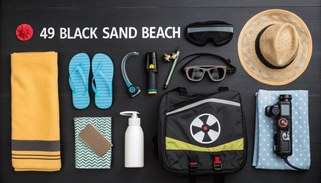 Flat-lay photograph of items needed for visiting 49 Black Sand Beach, including reef-safe sunscreen, water shoes, snorkel gear, beach towel, water bottle, dry bag, sun hat, umbrella, first aid kit, and reusable trash bag.

