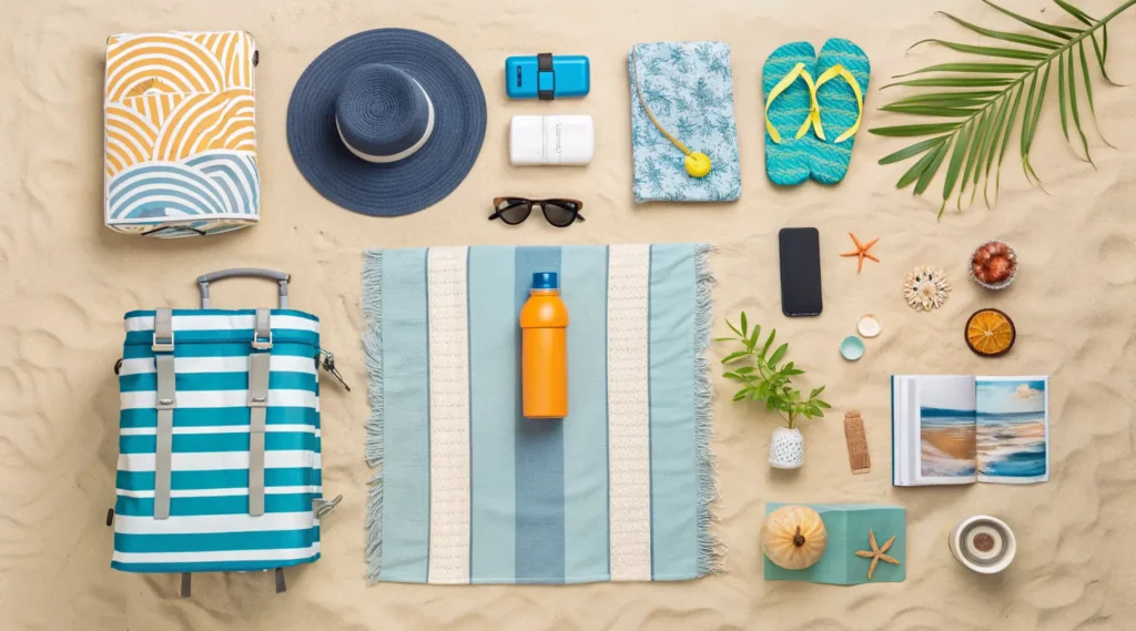 Overhead flatlay of essential items to pack for a visit to Old Silver Beach including sun protection, chairs, cooler, and beach accessories