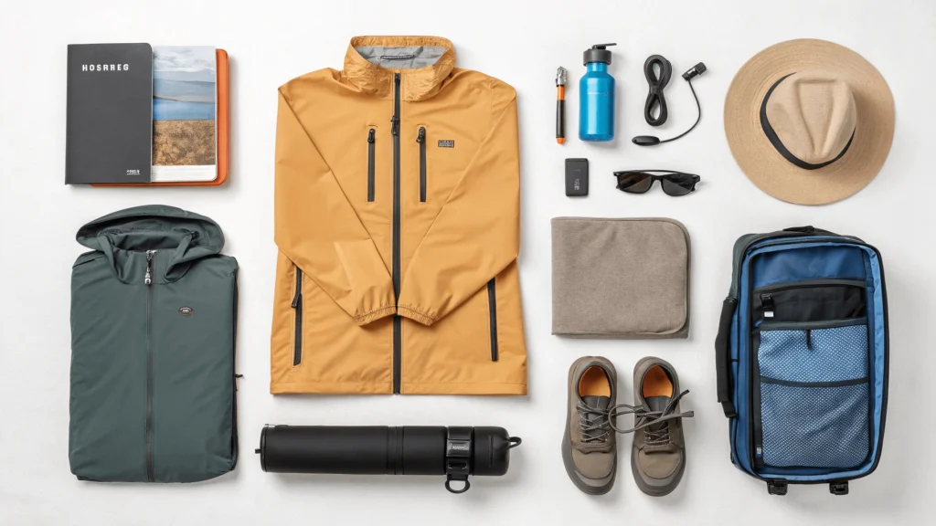 Organized travel packing display showing essential items for Malaysia and Singapore in different seasons.