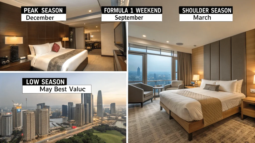 Same hotel room shown in four seasons with different price tags reflecting seasonal rate variations.