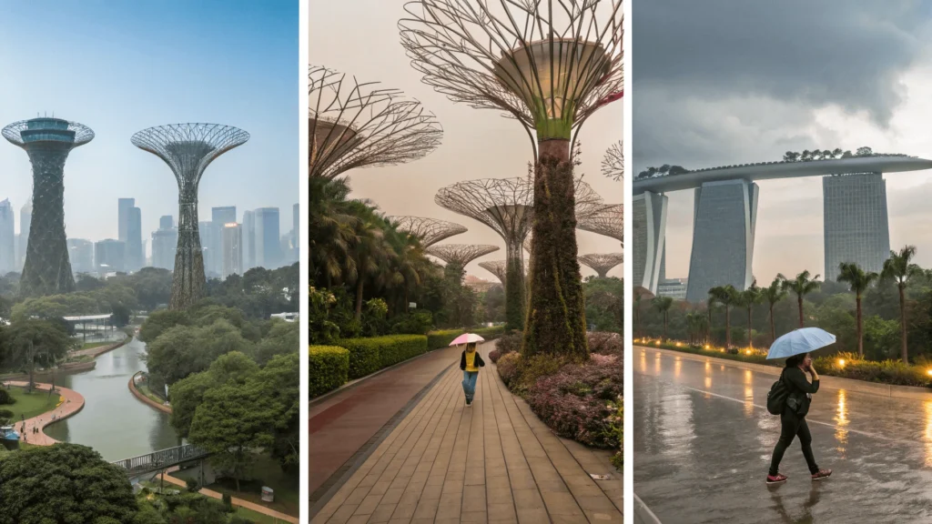Four seasonal views of Singapore showing weather variations from dry periods to monsoons and haze.