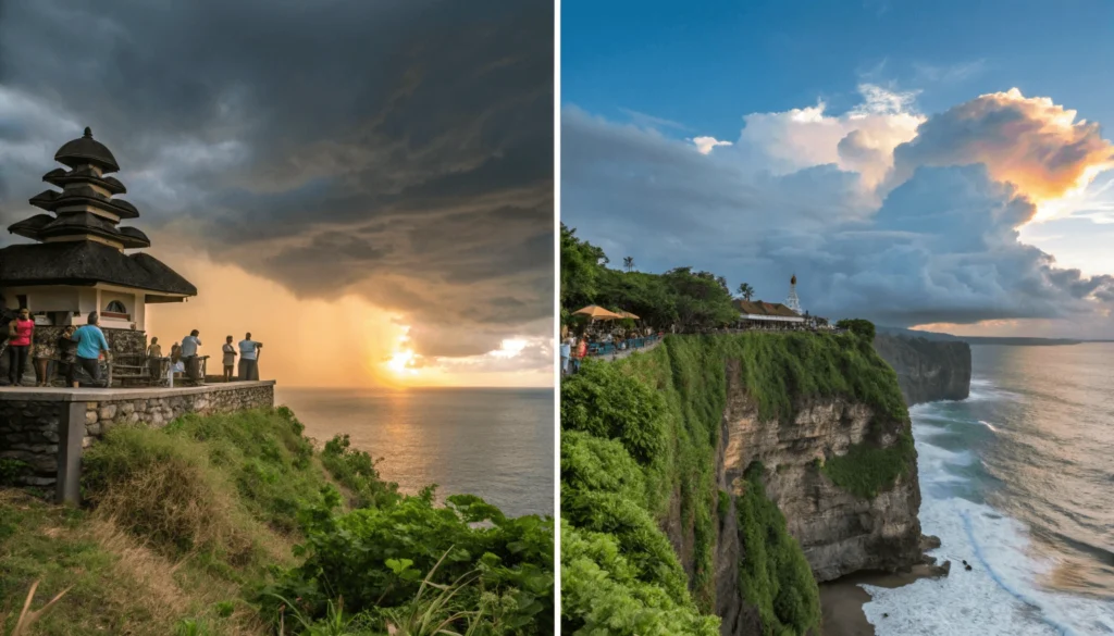 Four-panel seasonal comparison of Uluwatu Temple showing dry season clear skies, shoulder season dramatic clouds, wet season rain, and ideal sunset conditions.