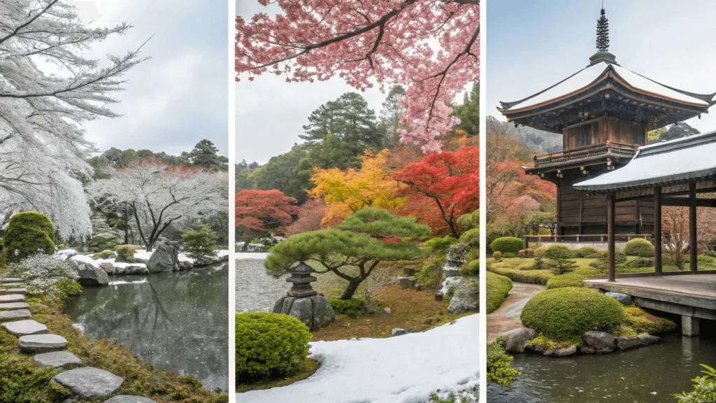 Overhead flat lay of travel planning elements for a Kinki trip including guidebook, rail pass, itinerary, map of Kyoto, smartphone, Japanese currency, and temple admission tickets
