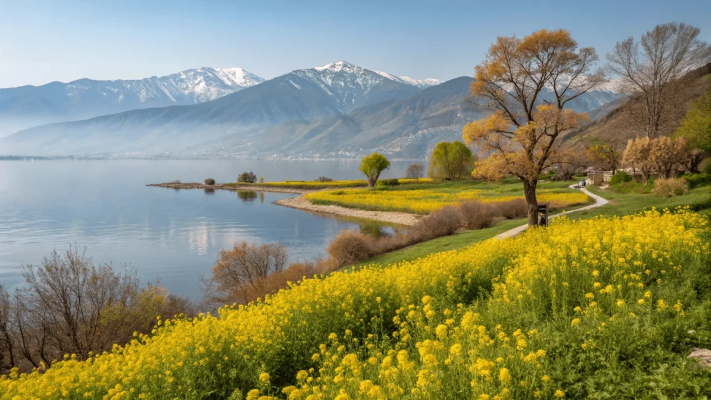 Four-season collage of the same viewpoint at Erhai Lake showing spring flowers, summer greenery, autumn foliage, and winter snow on distant mountains.