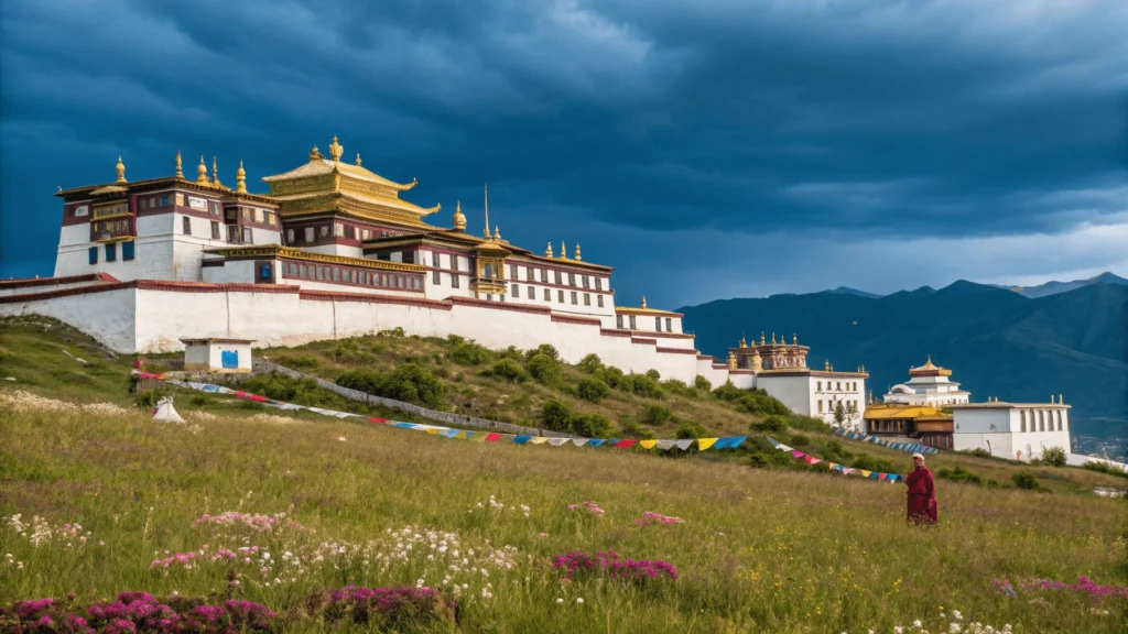 Ganden Sumtseling Monastery with white walls and gold roofs against deep blue sky, colorful Tibetan prayer flags in foreground, pilgrims in traditional dress, and alpine wildflowers in the meadow.