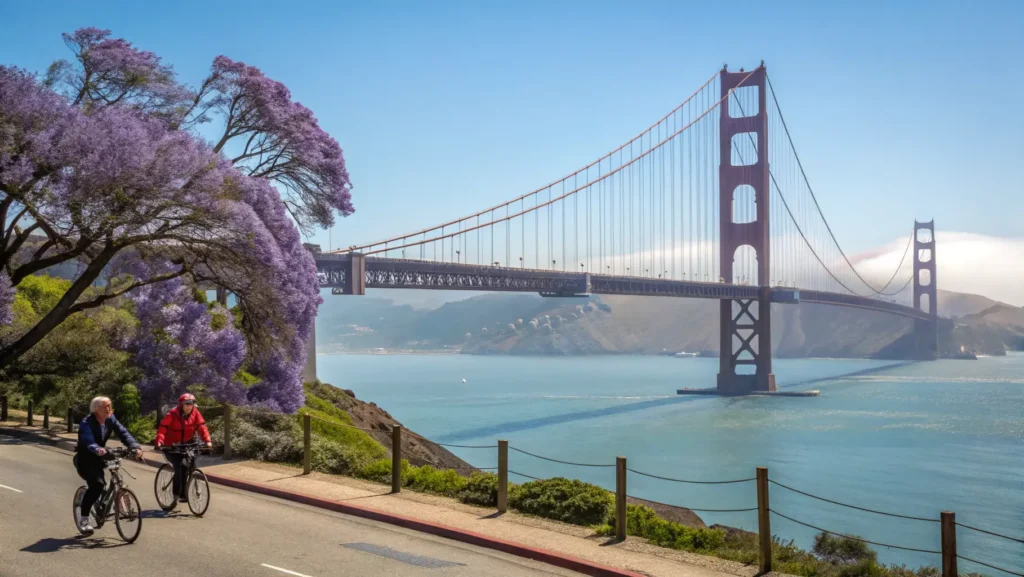 Golden Gate Bridge on clear May day with blooming jacaranda trees and fog-free visibility