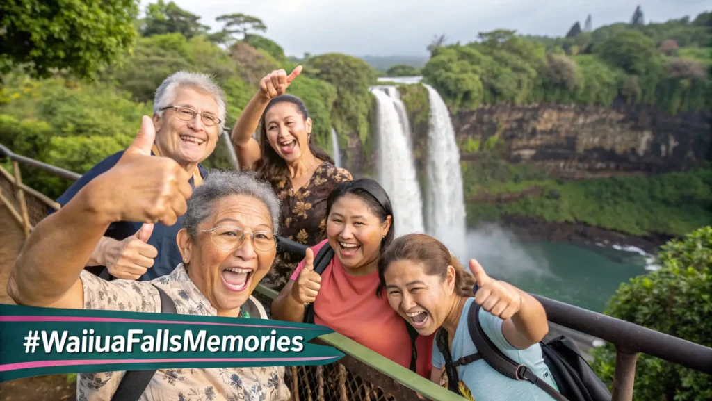 Happy tourists at Wailua Falls viewpoint making memories with waterfall in background and social media hashtag