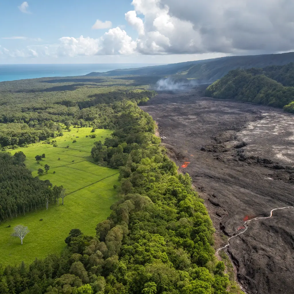 A split image showing the before and after effects of Kilauea's eruptions on the environment.