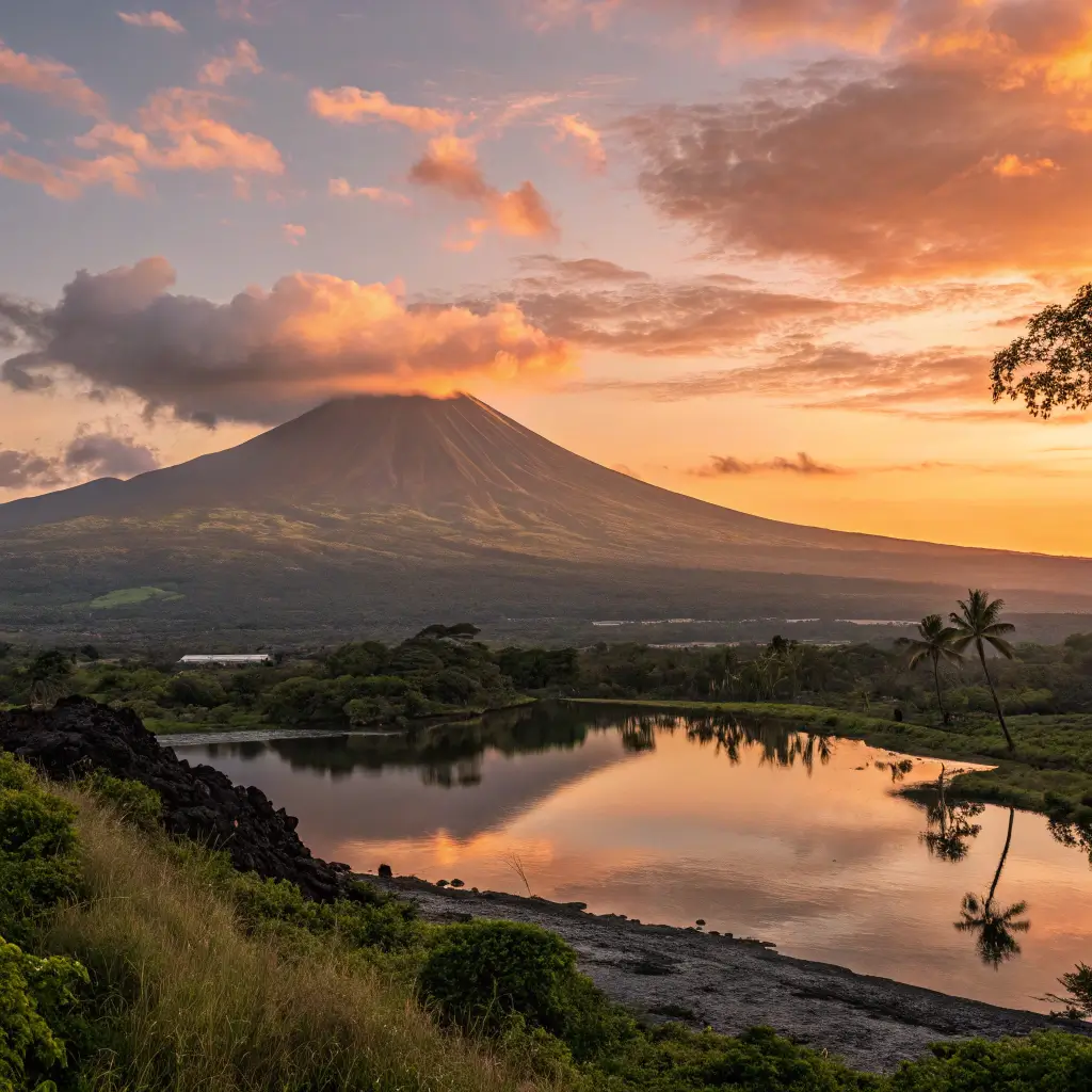 A tranquil sunset view of Kilauea volcano, reflecting the beauty of nature after an eruption.