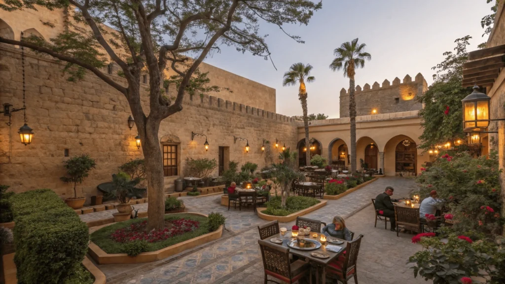Hidden courtyard garden of Sqala Café inside an 18th-century fortress with ancient cannons, dining tables, lush greenery, fountains, and lantern-lit atmosphere