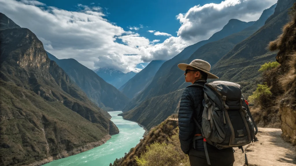Hiker with backpack on Tiger Leaping Gorge trail seen from behind, looking out at the dramatic gorge landscape with turquoise Jinsha River flowing between massive rock walls under blue sky with scattered clouds.