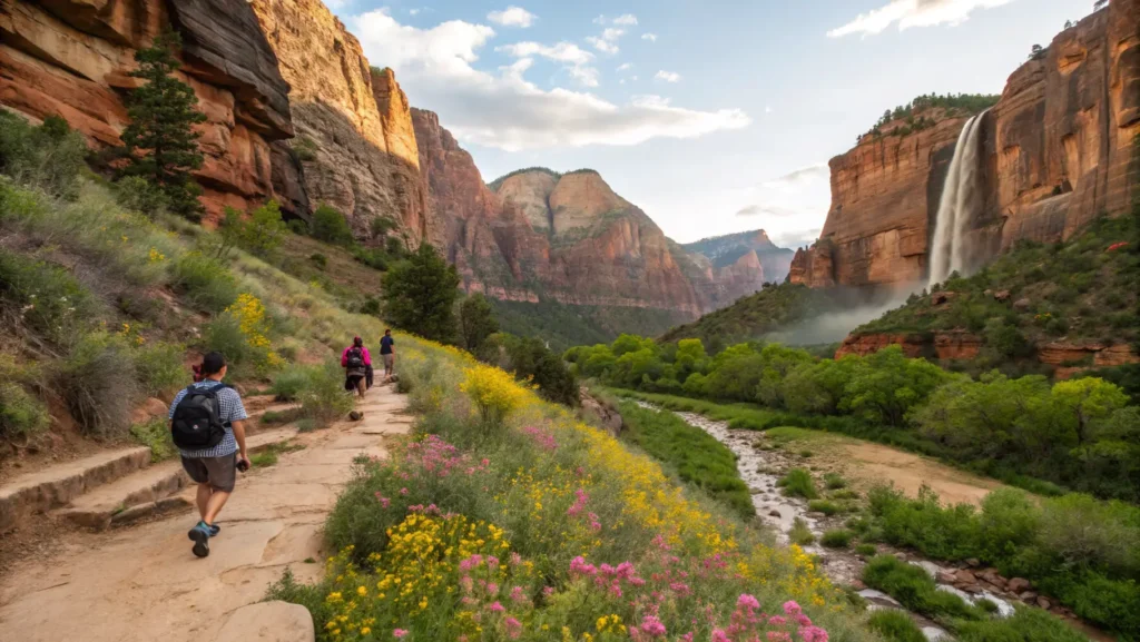 Hikers exploring Zion’s red cliffs and waterfalls in spring.