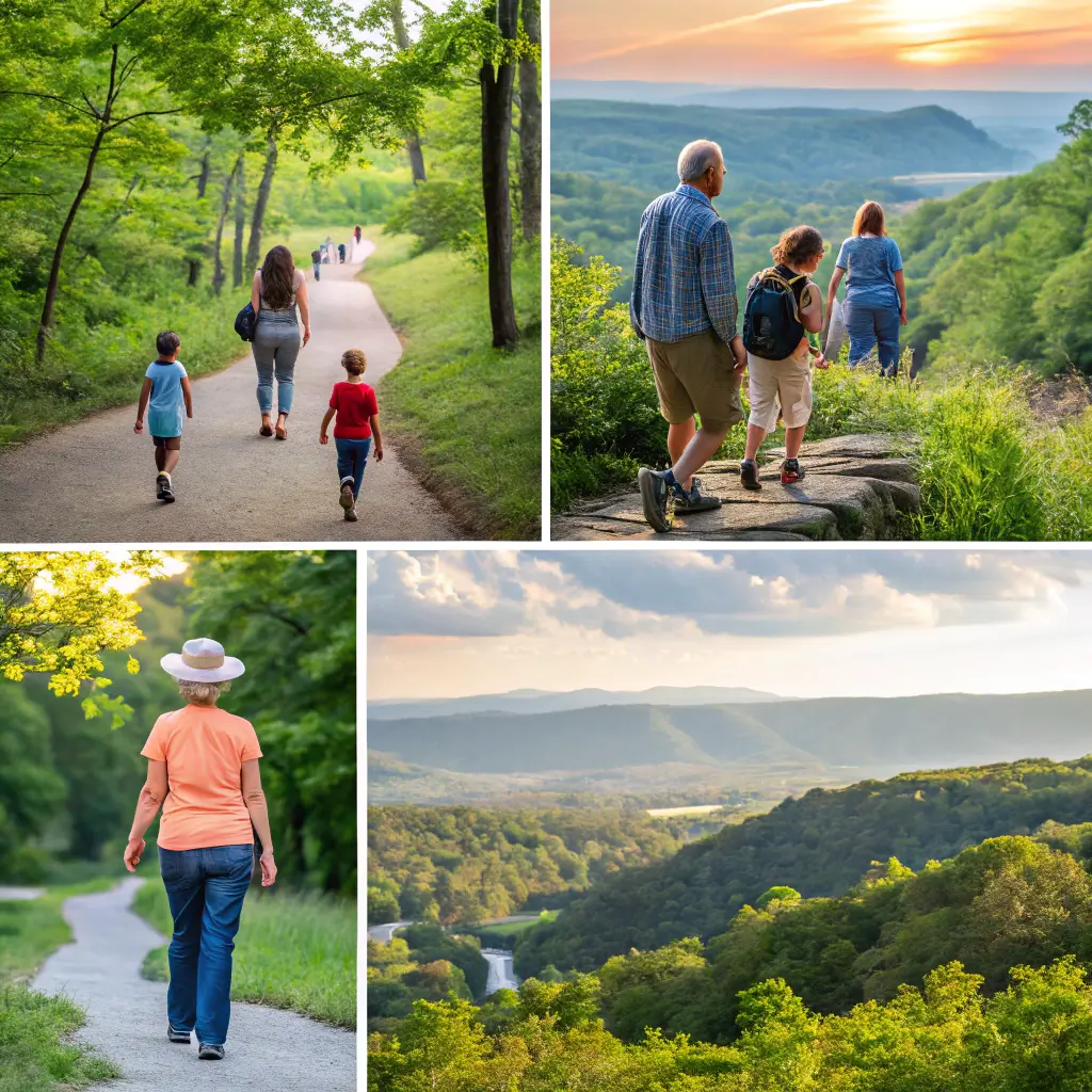 A collage of hikers on various trails in Nashville, Tennessee, featuring families and individuals enjoying the scenic views.