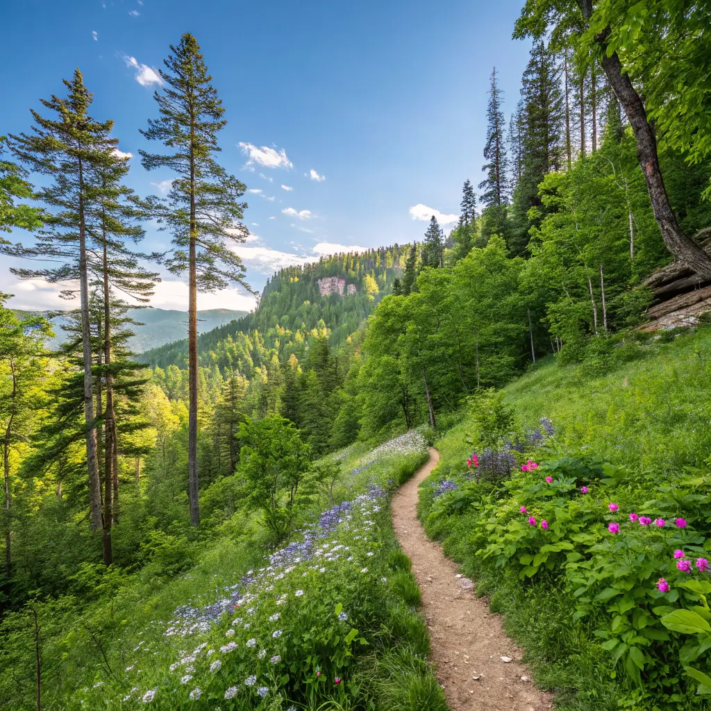 A scenic hiking trail in Nashville, Tennessee, featuring lush greenery, tall trees, and vibrant wildflowers under a clear blue sky.